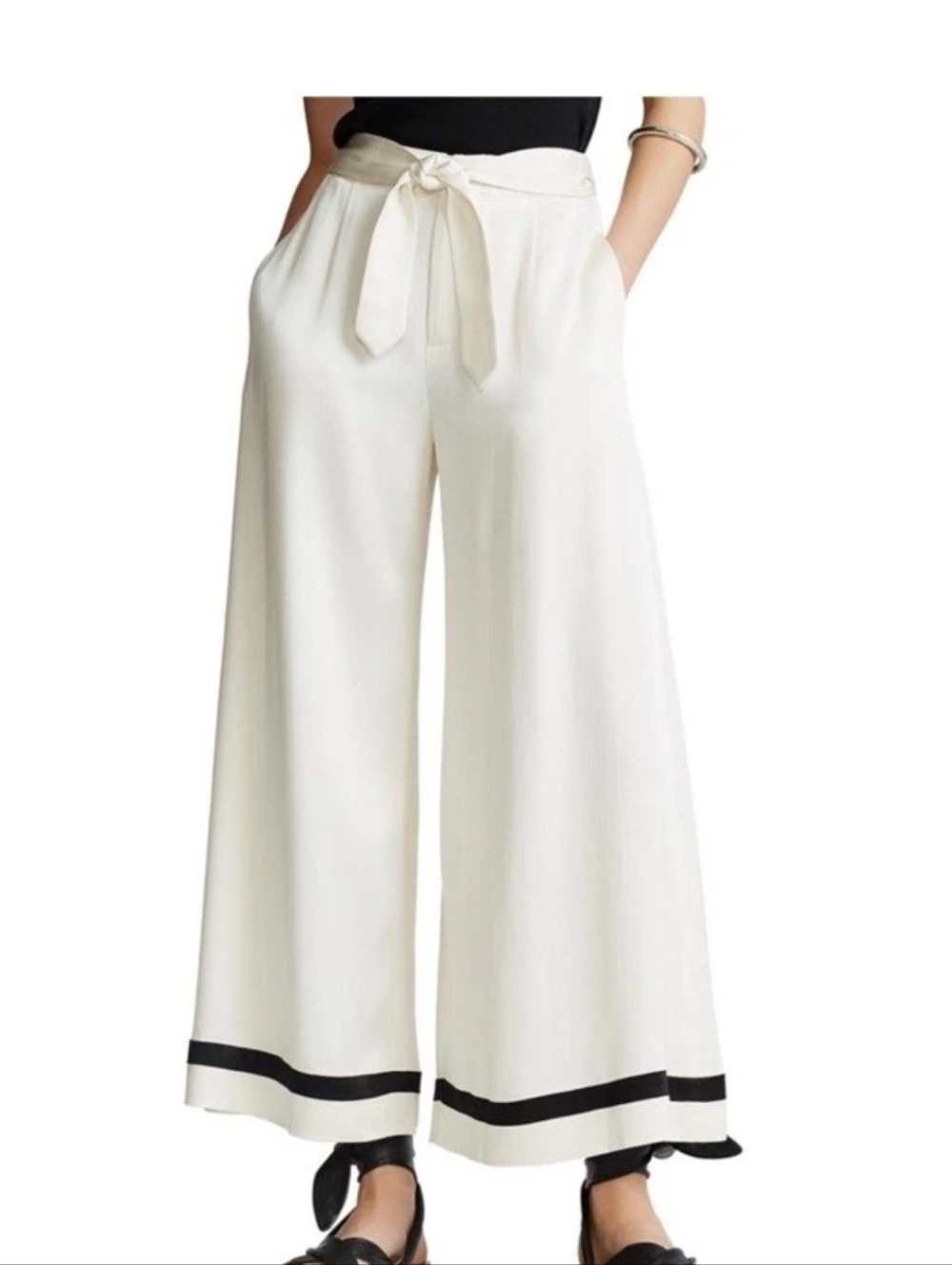 Polo by Ralph Lauren Ivory Wide-Leg Tie-Waist Pants with Black Hem